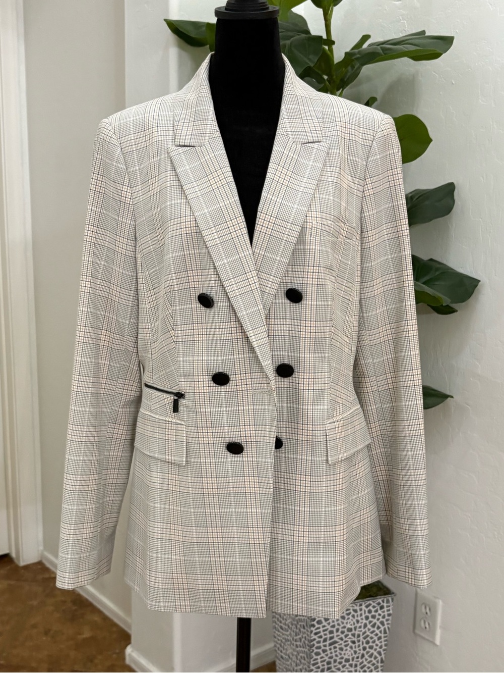 Karl Lagerfeld Classic Cream Plaid Double-Breasted Blazer